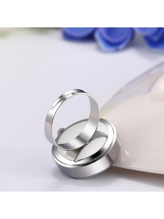 Unisex Silver Black Quartz Roman Numeral Adjustable Open Band Finger Ring Watch main image 5